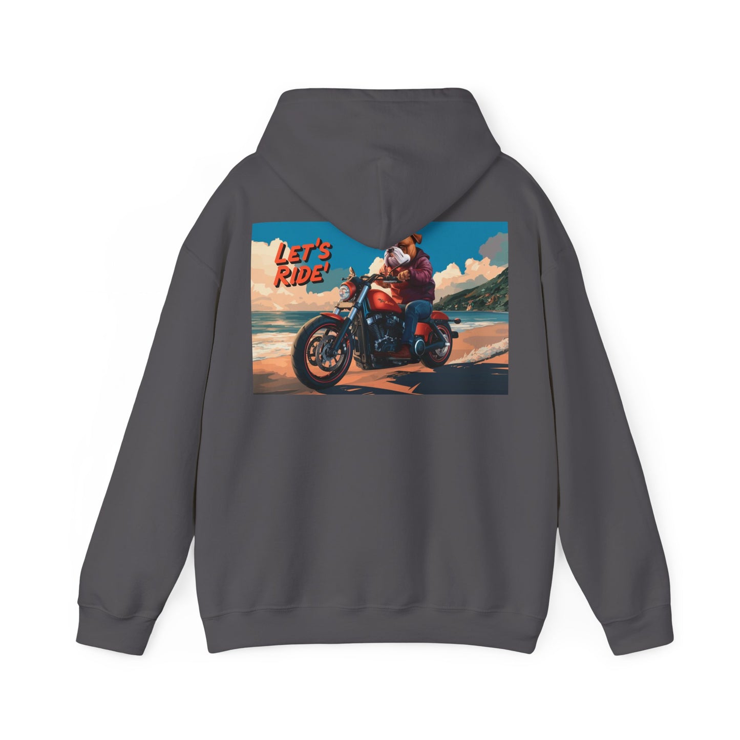 Let's Ride, Bulldog Riding Motorcycle on Beach - Hoodie