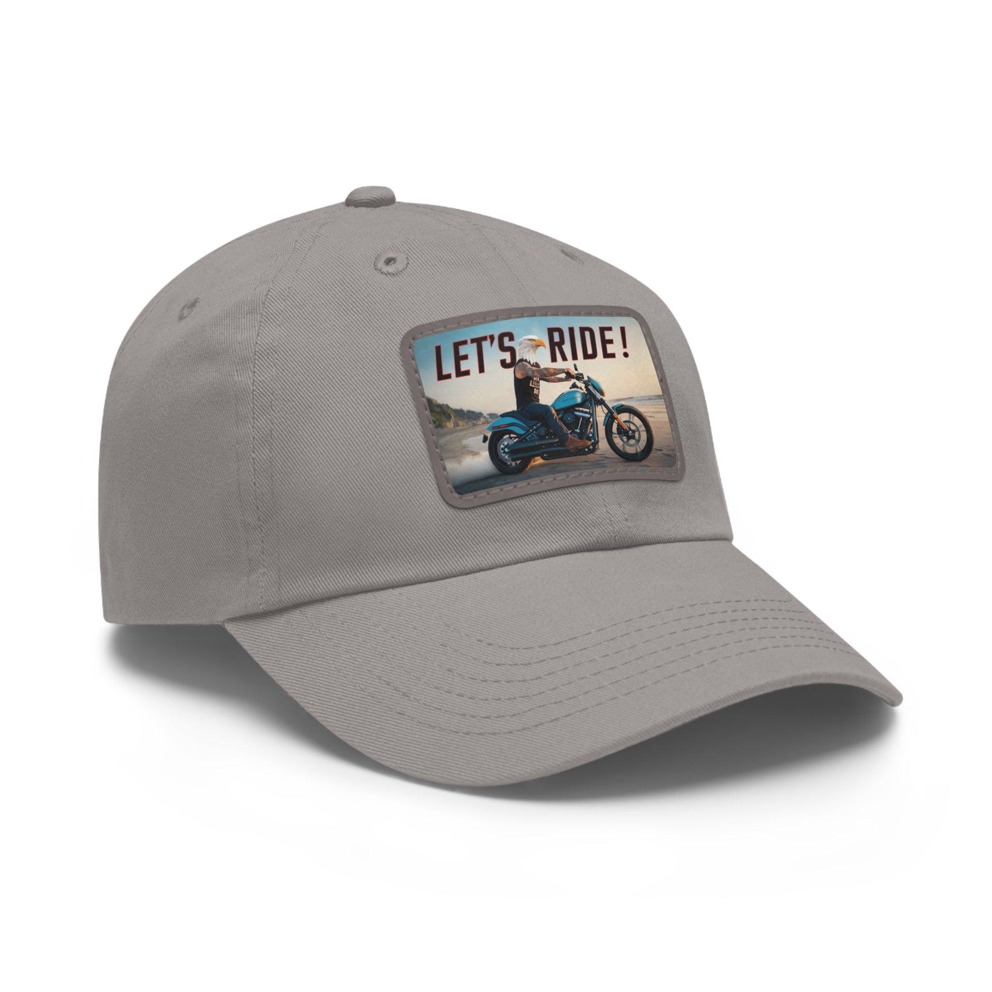 Let's Ride Eagle Man Riding Motorcycle Cap, Dad Hat with Leather Patch (Rectangle) - Coastal Collections