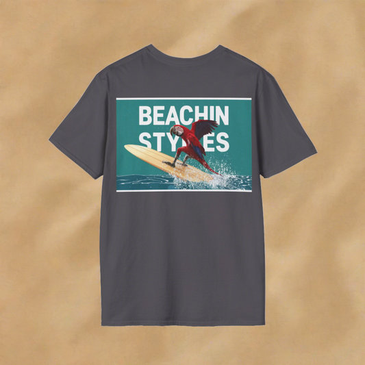 Wave Riding Parrot on Surfboard - Unisex Softstyle T-Shirt