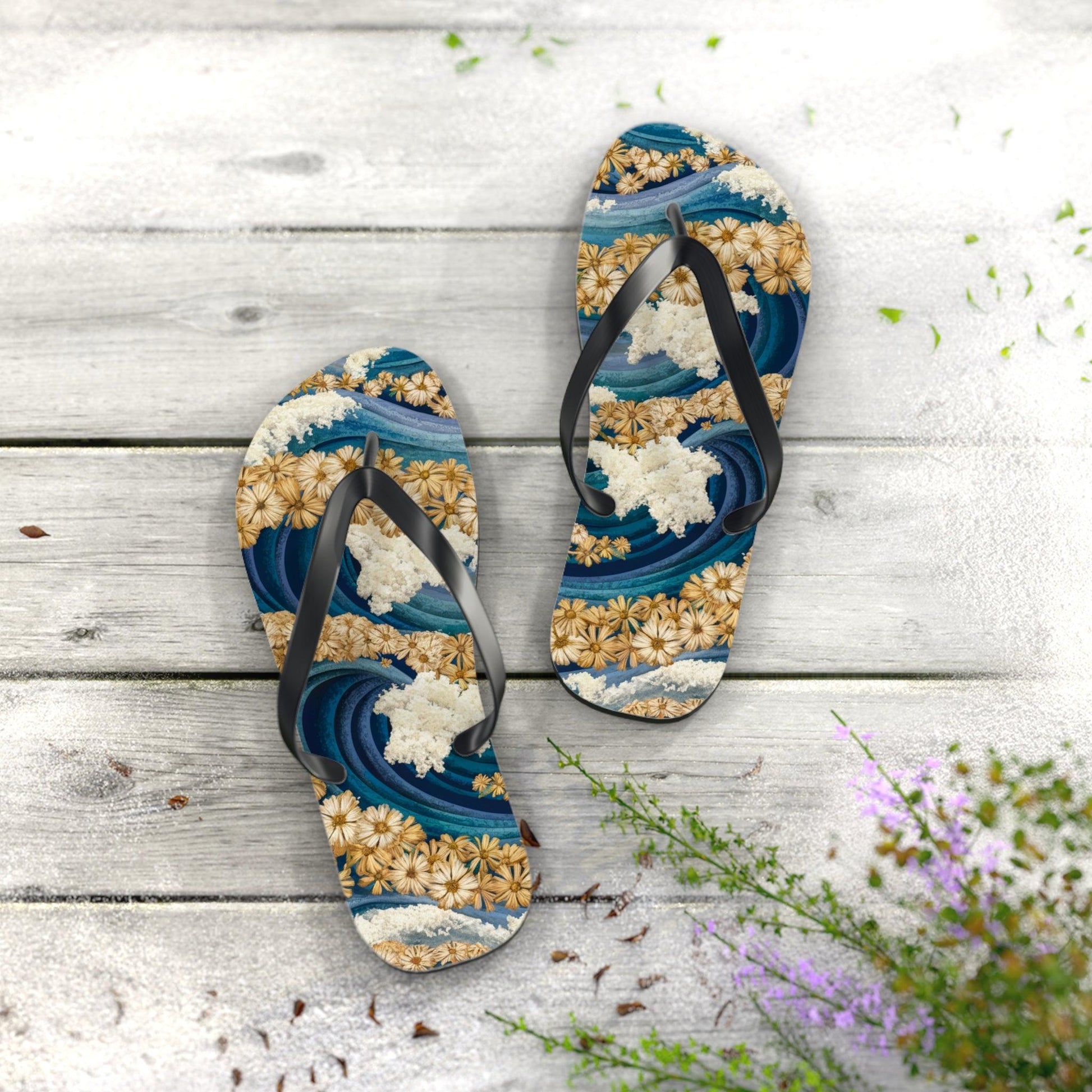 Sea Wave Yarrow Flower Inspired Flip Flops, Express Your Beach Loving Self - Coastal Collections