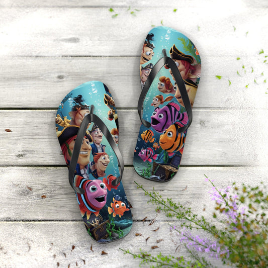 Comical Fish and Pirates Faceoff Inspired Flip Flops, Express Your Beach Loving Self - Coastal Collections