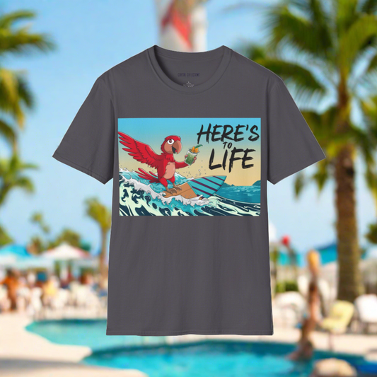Here's to Life, Red Parrot Surfing - Unisex Softstyle T-Shirt