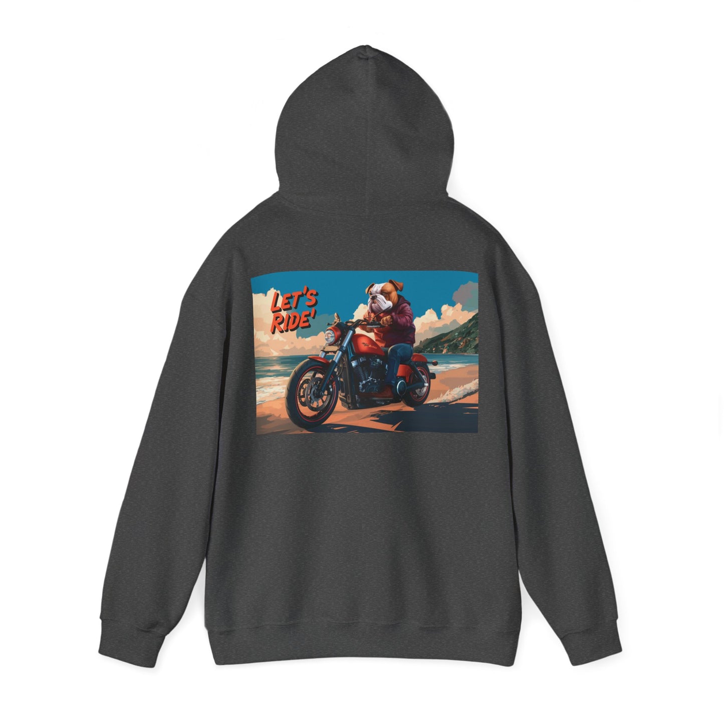 Let's Ride, Bulldog Riding Motorcycle on Beach - Hoodie