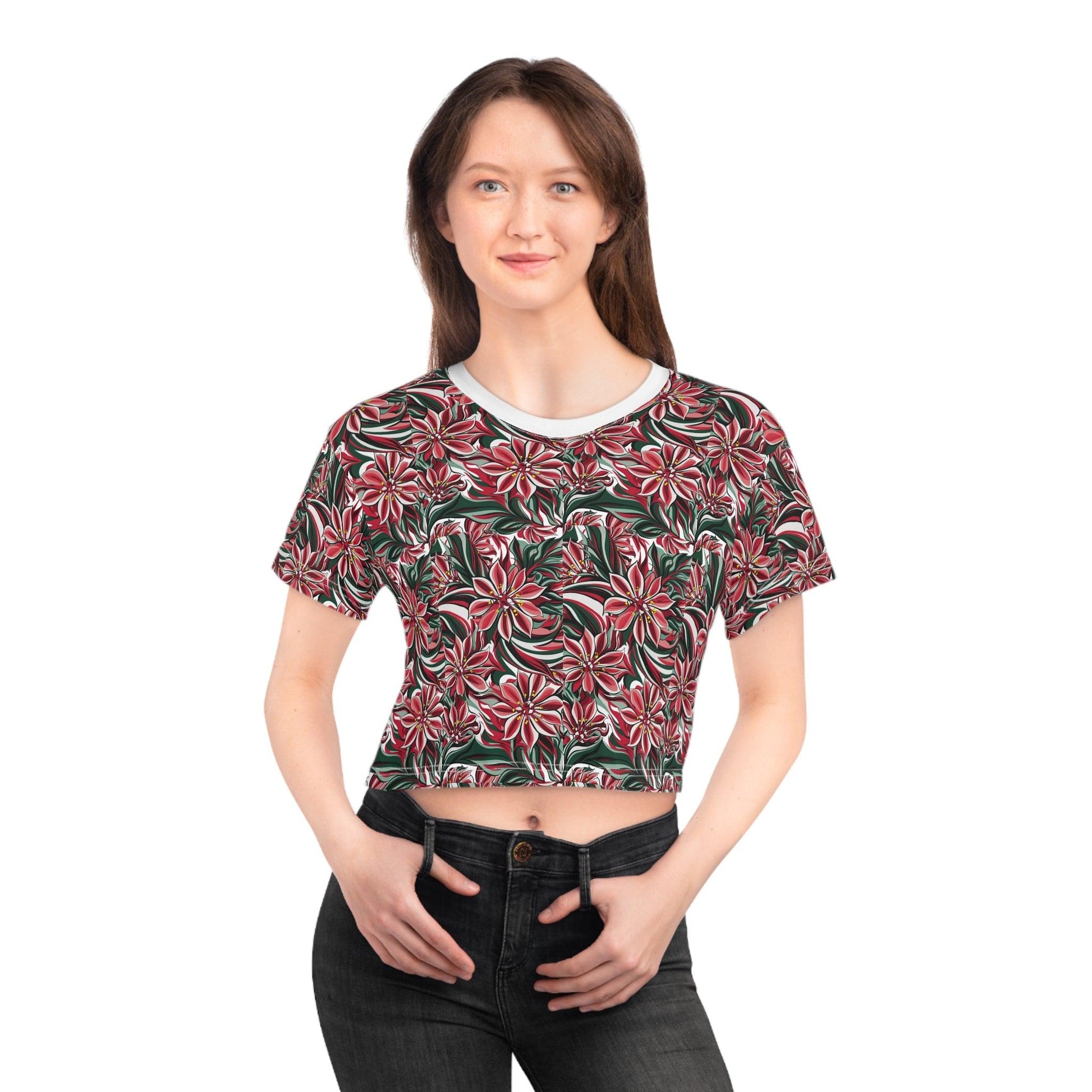 Sea Inspired Red and White Oleander Small Repeating Print Crop Tee (AOP) - Coastal Collections