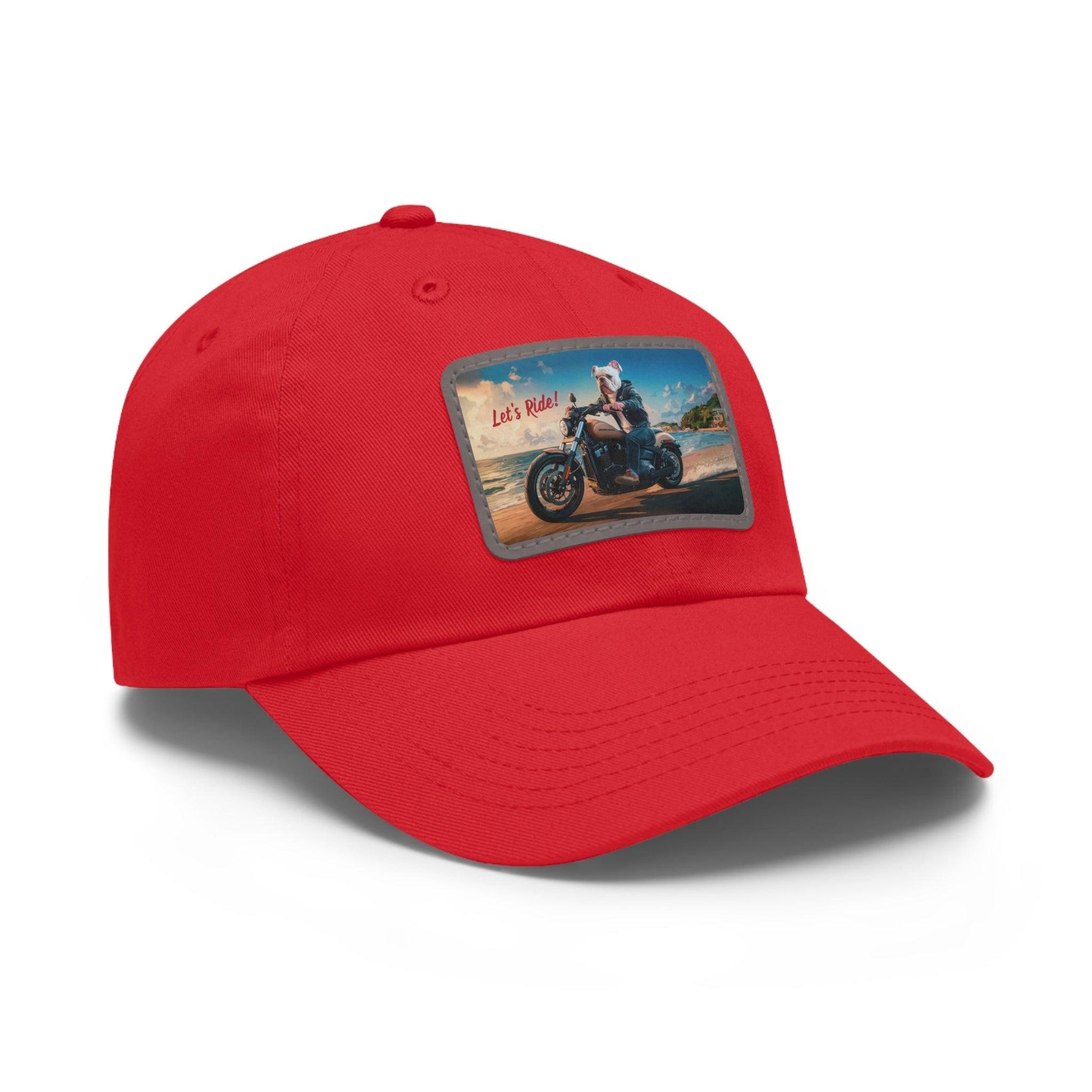Let's Ride Bulldog Riding Motorcycle Cap, Dad Hat with Leather Patch (Rectangle) - Coastal Collections