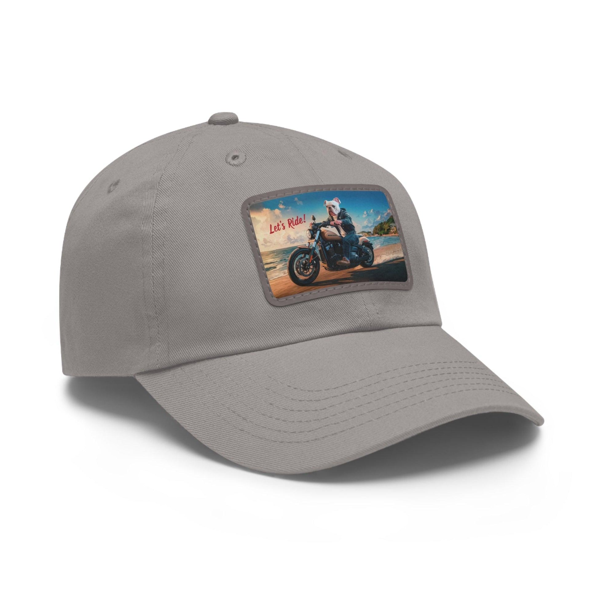 Let's Ride Bulldog Riding Motorcycle Cap, Dad Hat with Leather Patch (Rectangle) - Coastal Collections