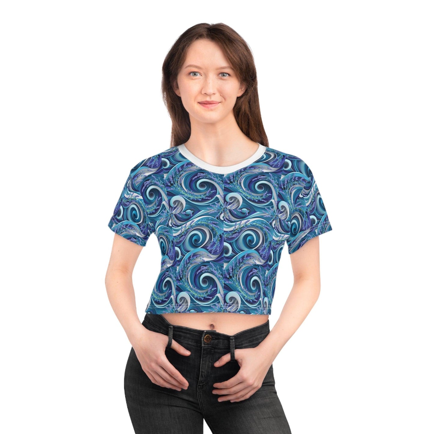 Sea Waves Inspired Lavender Small Repeating Print, Crop Tee (AOP) - Coastal Collections