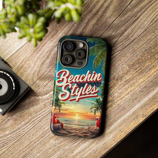 Beachin Styles© Sunset Serenity, with Red Parrots & Palm Trees Design Protective Phone Case