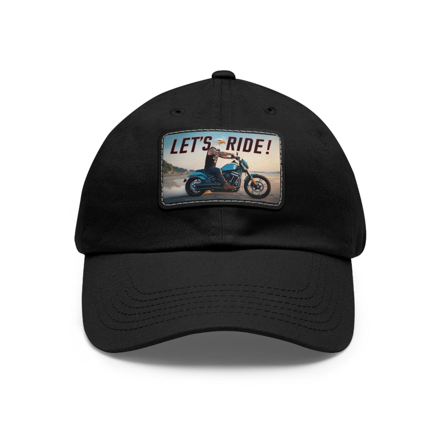 Let's Ride Eagle Man Riding Motorcycle Cap, Dad Hat with Leather Patch (Rectangle) - Coastal Collections