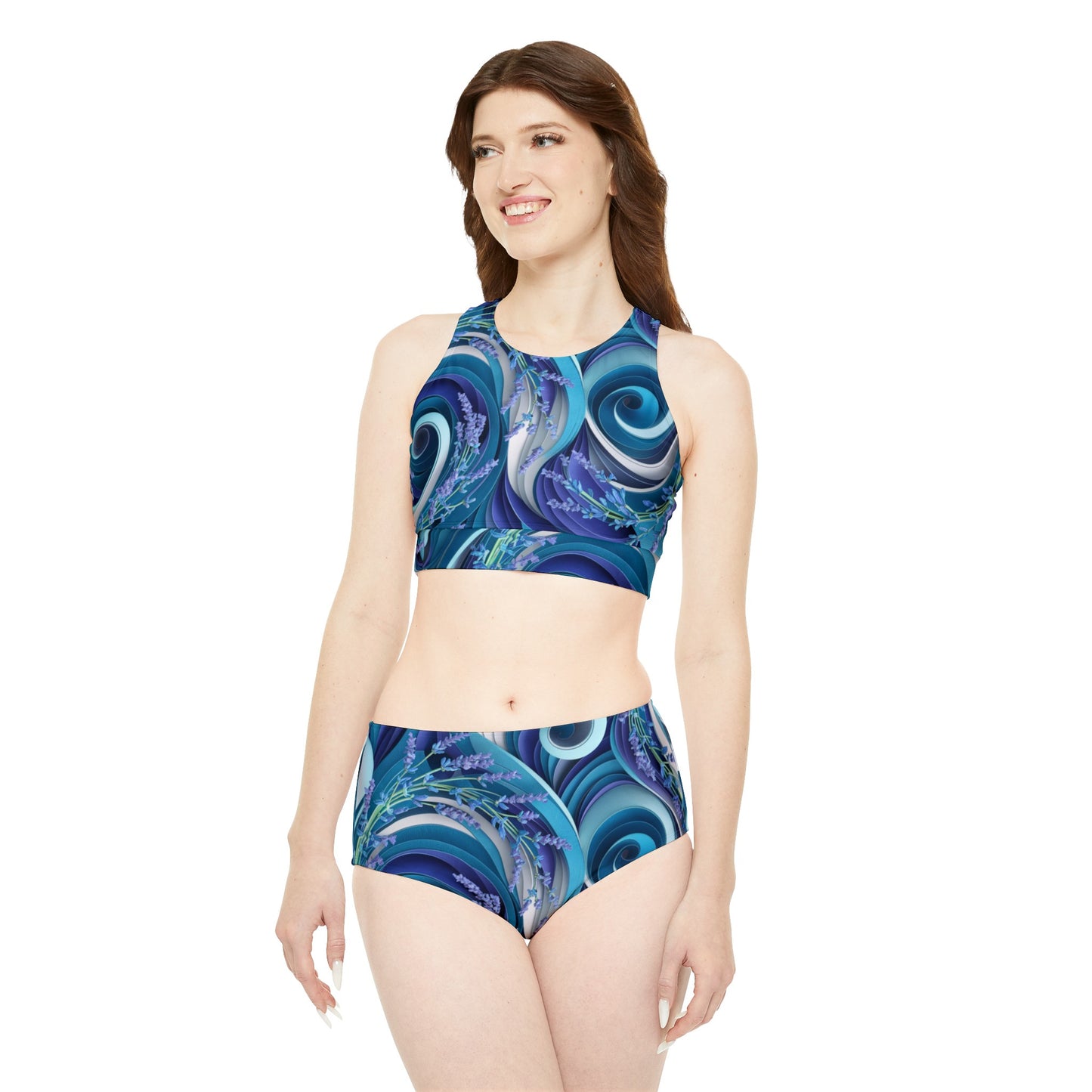 Seawaves and Lavender Flower Sporty Bikini Set