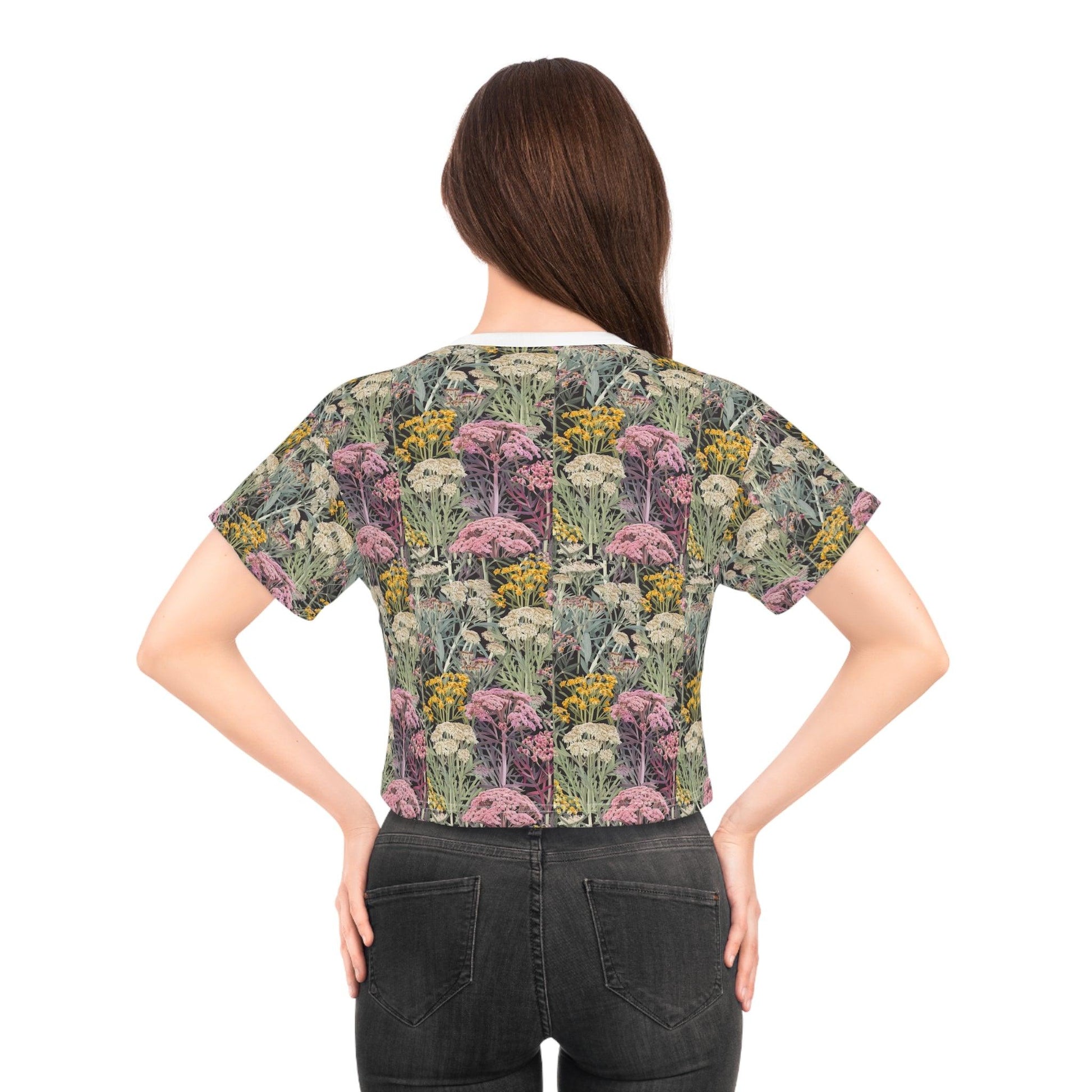 Yarrow Flowers Inspired by Calm Seas Small Repeating Print Crop Tee (AOP) - Coastal Collections