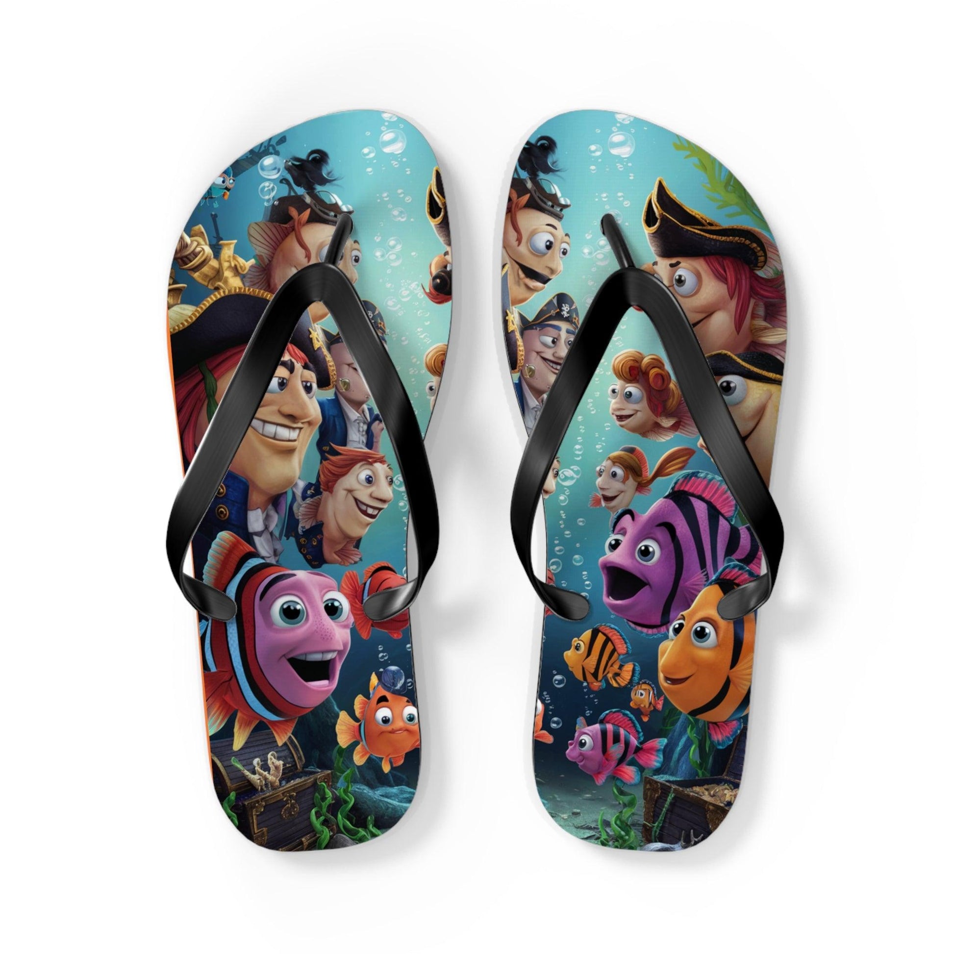 Comical Fish and Pirates Faceoff Inspired Flip Flops, Express Your Beach Loving Self - Coastal Collections