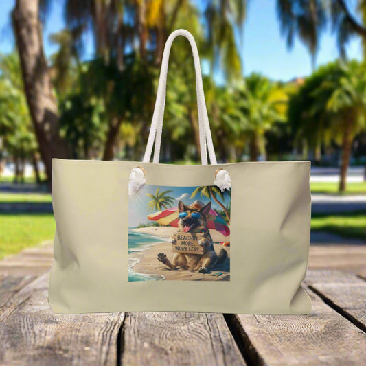 Beachin More Work Less German Shepherd - Beach Bag