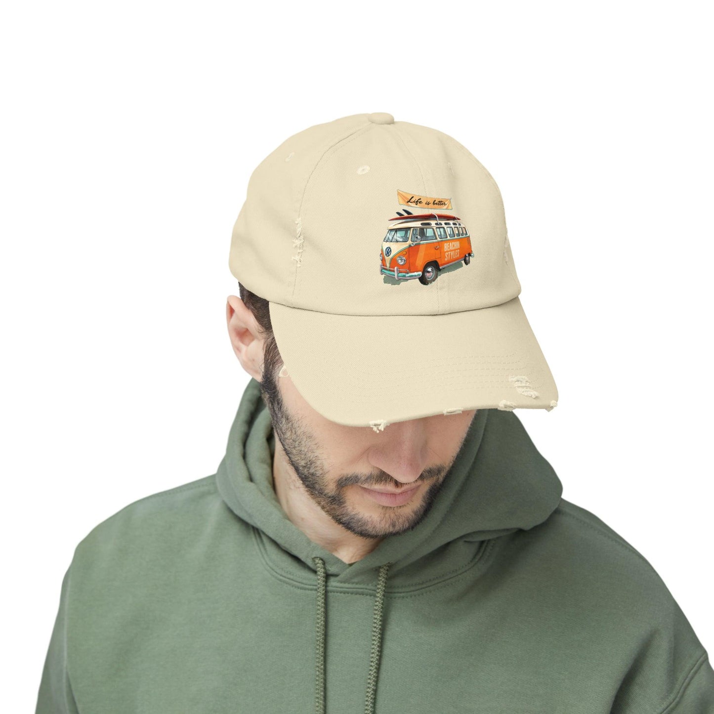 Retro Cap, Retro VW Bus, Life is better retro distressed cap, casual beach hat - Coastal Collections