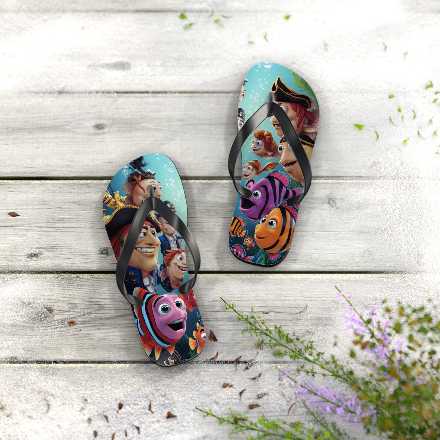 Comical Fish and Pirates Faceoff Inspired Flip Flops, Express Your Beach Loving Self - Coastal Collections