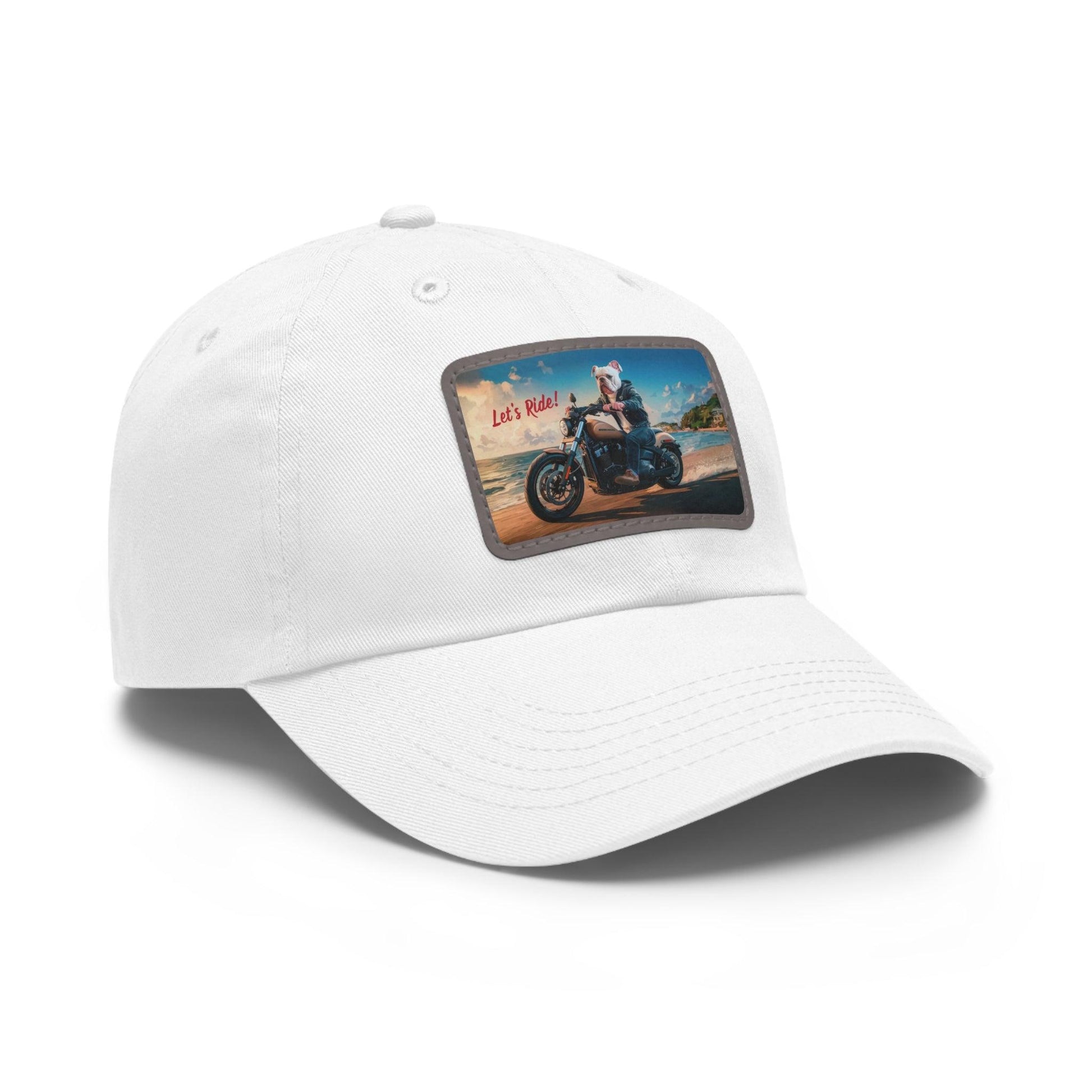 Let's Ride Bulldog Riding Motorcycle Cap, Dad Hat with Leather Patch (Rectangle) - Coastal Collections