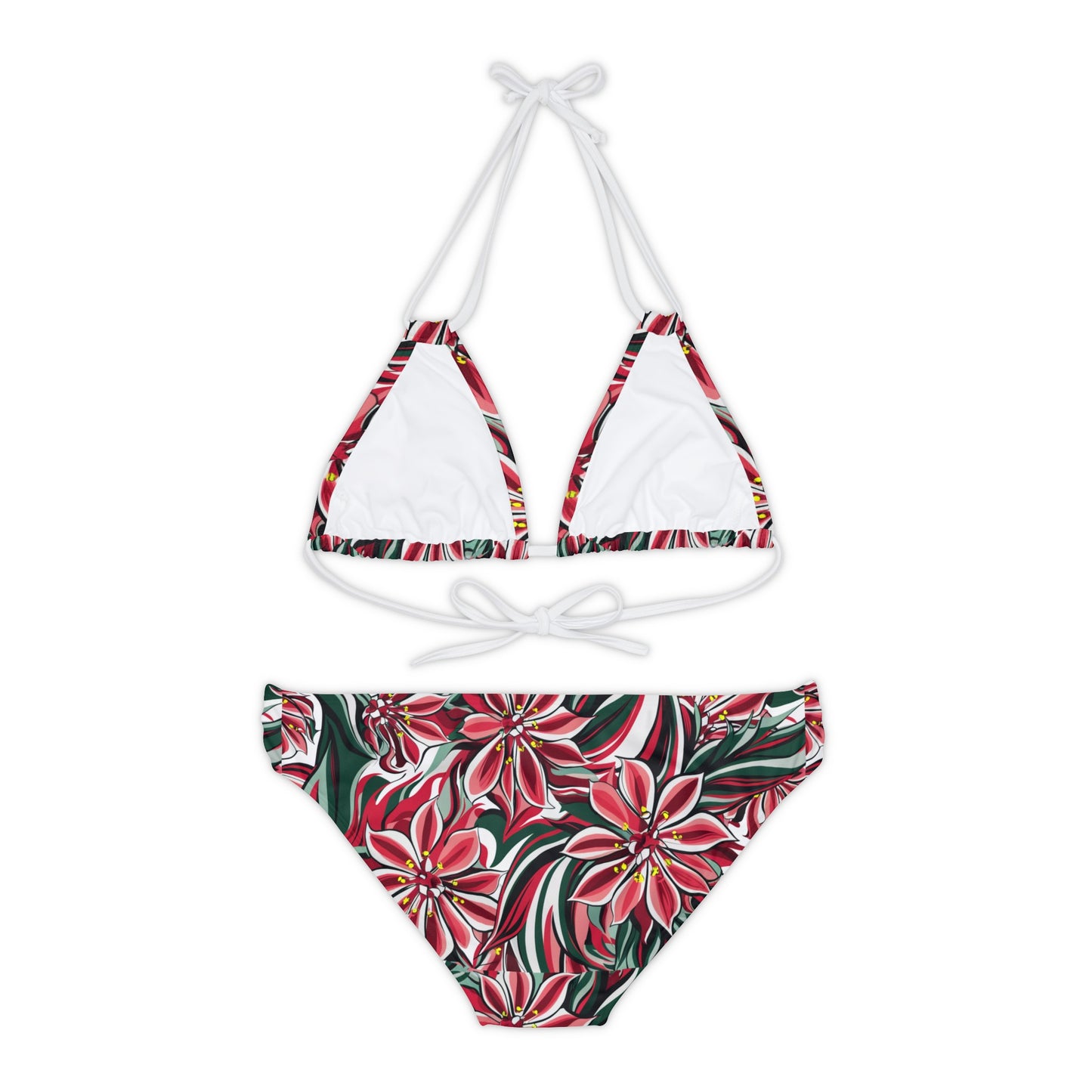 Red and White Oleander Flower Strappy Bikini Set