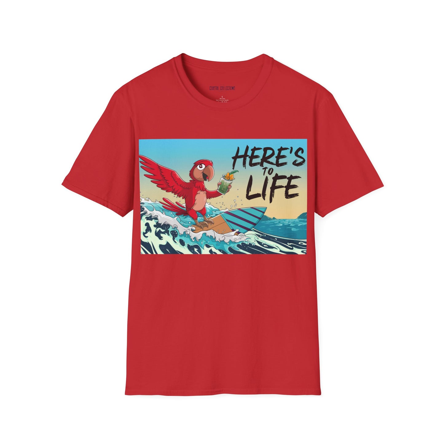 Here's to Life, Red Parrot Surfing - Unisex Softstyle T-Shirt