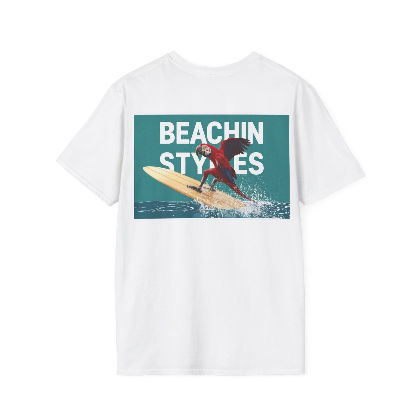 Wave Riding Parrot on Surfboard - Unisex Softstyle T-Shirt