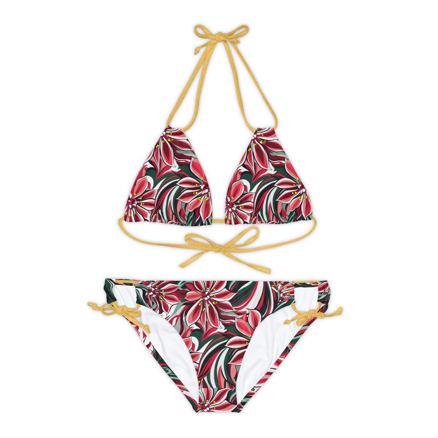 Red and White Oleander Flower Strappy Bikini Set