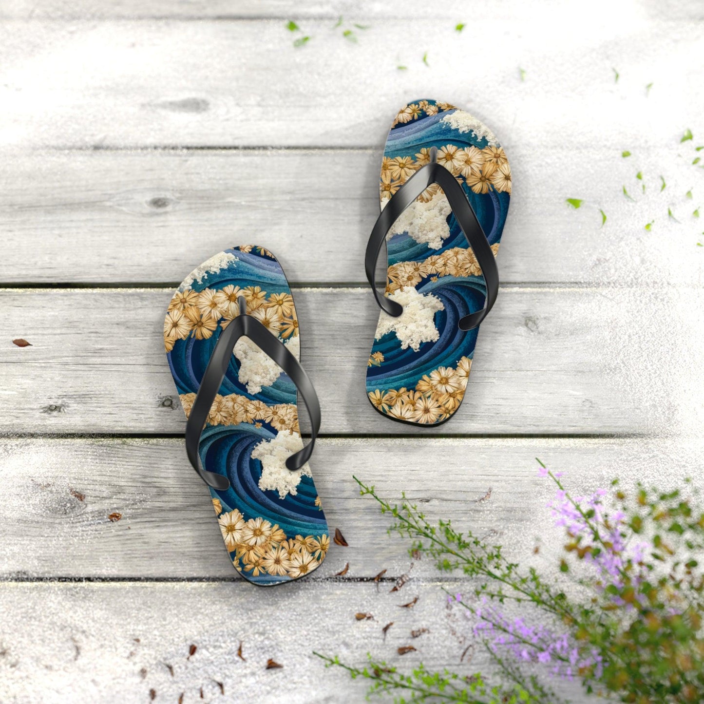 Sea Wave Yarrow Flower Inspired Flip Flops, Express Your Beach Loving Self - Coastal Collections