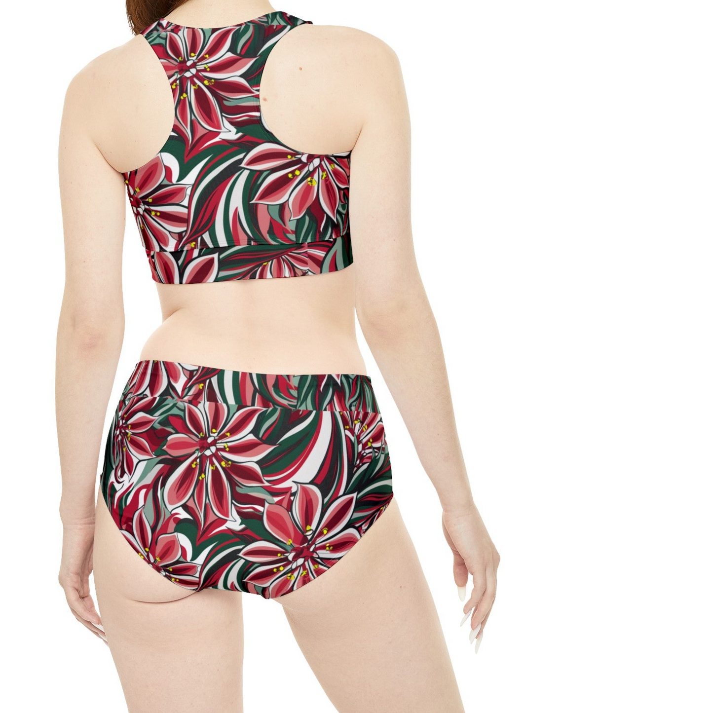 Red and White Oleander Flower Sporty Bikini Set