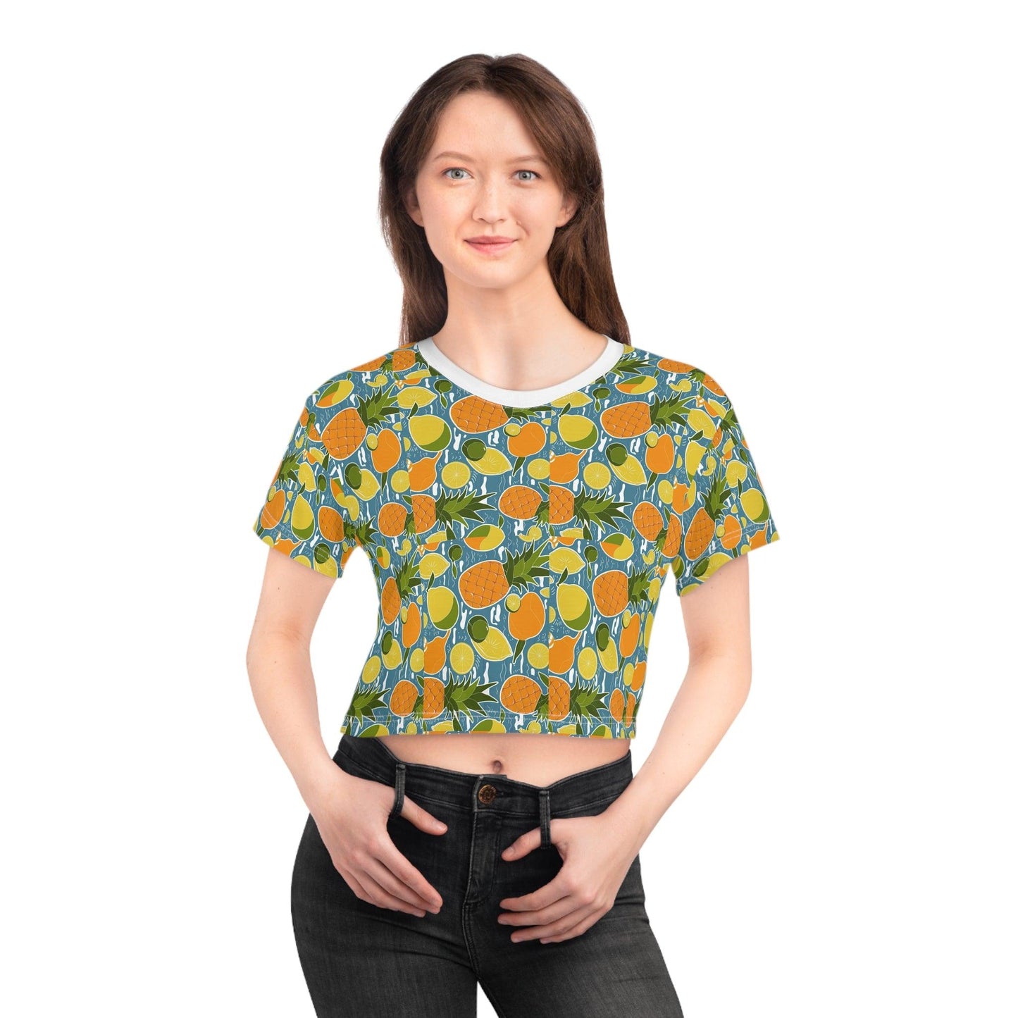 Tropical Fruit Small Repeating Print, Crop Tee (AOP) - Coastal Collections