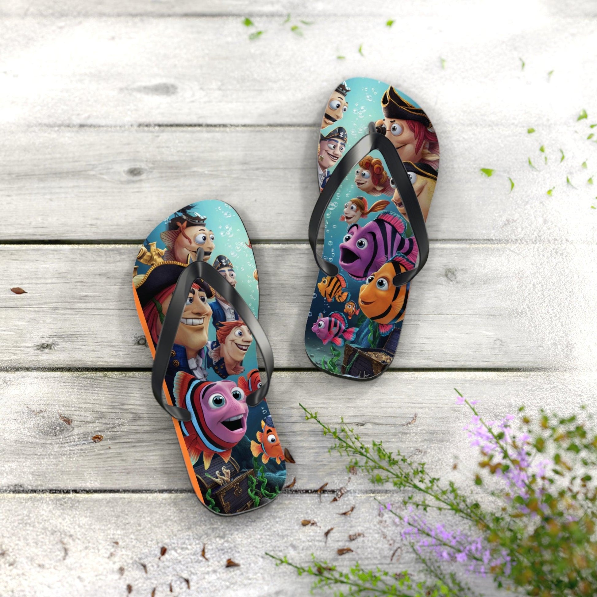 Comical Fish and Pirates Faceoff Inspired Flip Flops, Express Your Beach Loving Self - Coastal Collections