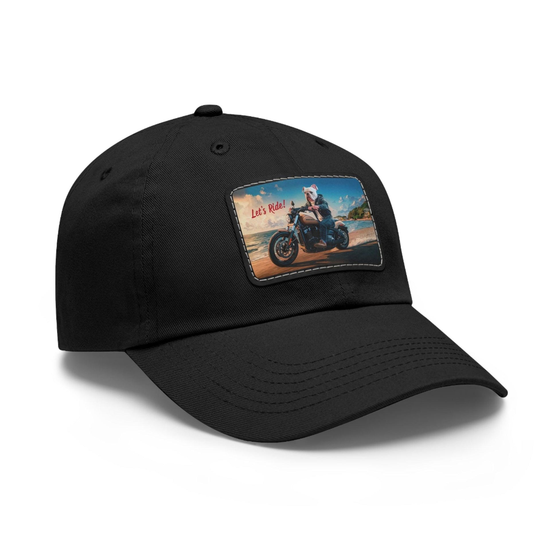 Let's Ride Bulldog Riding Motorcycle Cap, Dad Hat with Leather Patch (Rectangle) - Coastal Collections