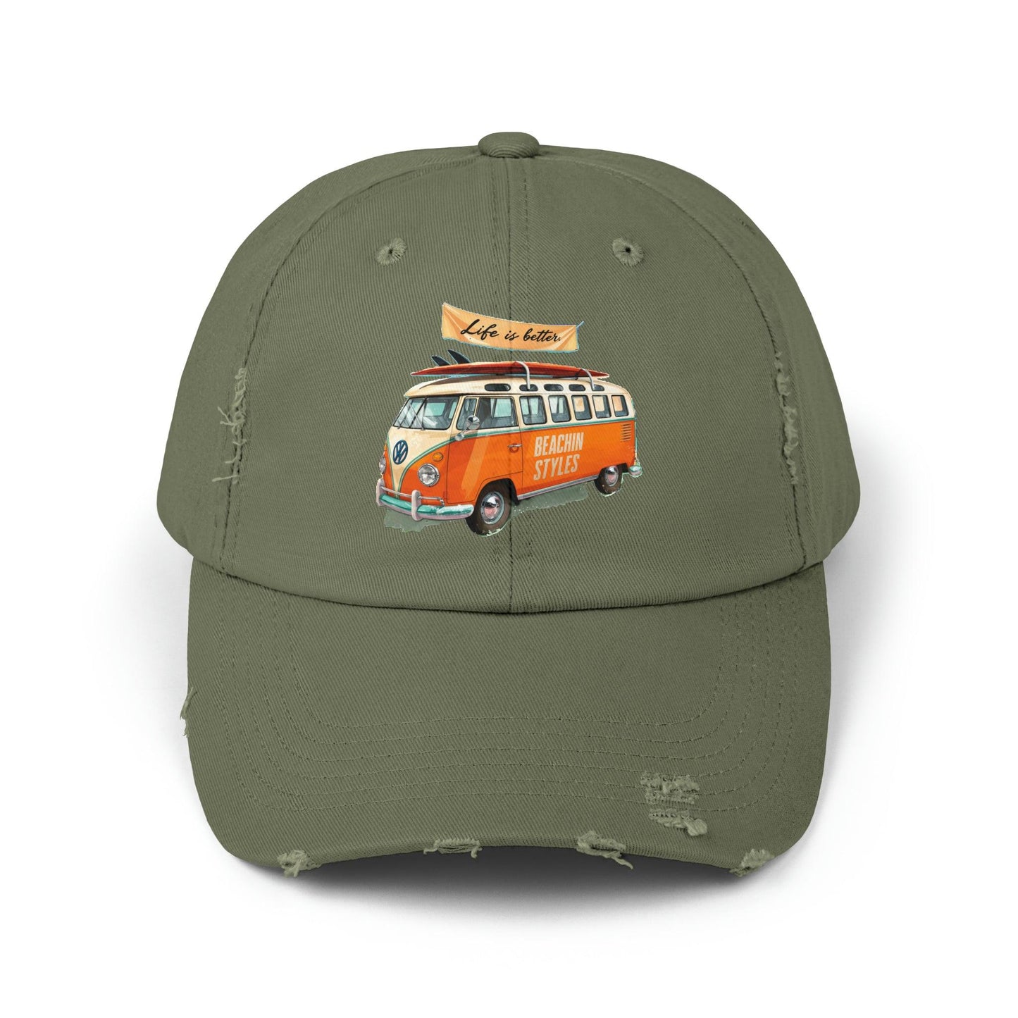 Retro Cap, Retro VW Bus, Life is better retro distressed cap, casual beach hat - Coastal Collections