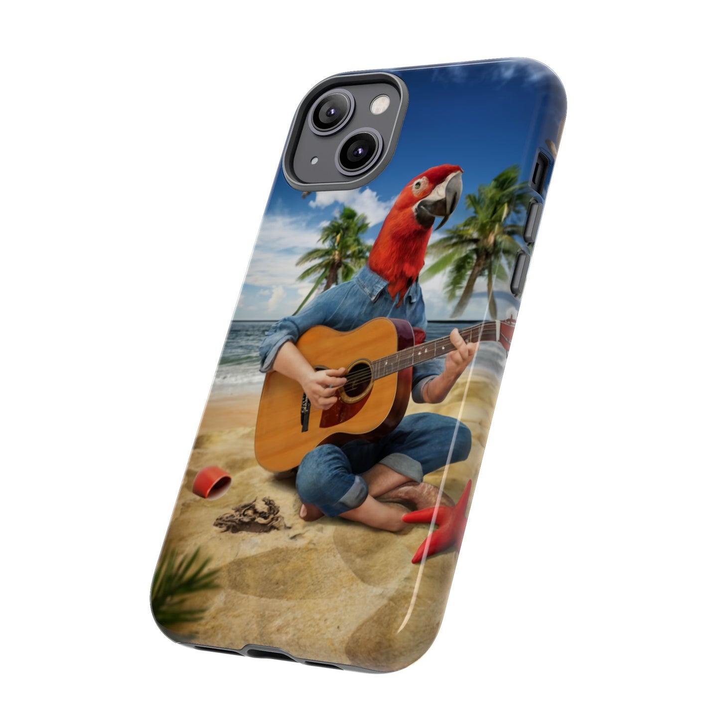 Tropical Serenade Red Parrot Man with Guitar Design Protective Phone Case
