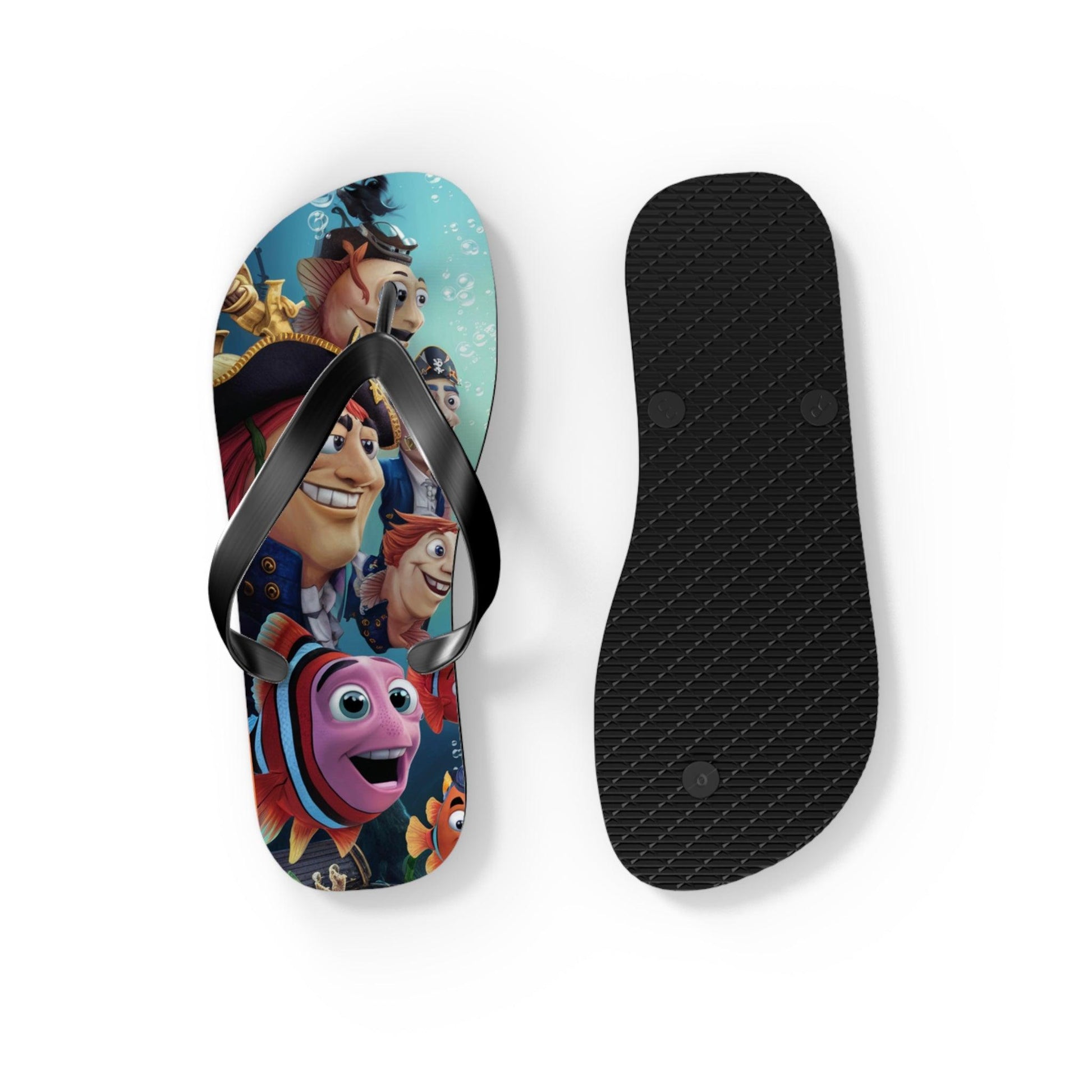 Comical Fish and Pirates Faceoff Inspired Flip Flops, Express Your Beach Loving Self - Coastal Collections