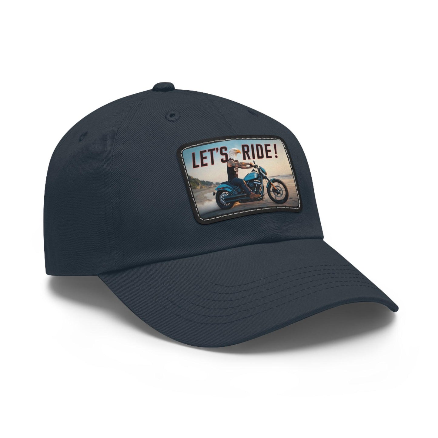 Let's Ride Eagle Man Riding Motorcycle Cap, Dad Hat with Leather Patch (Rectangle) - Coastal Collections