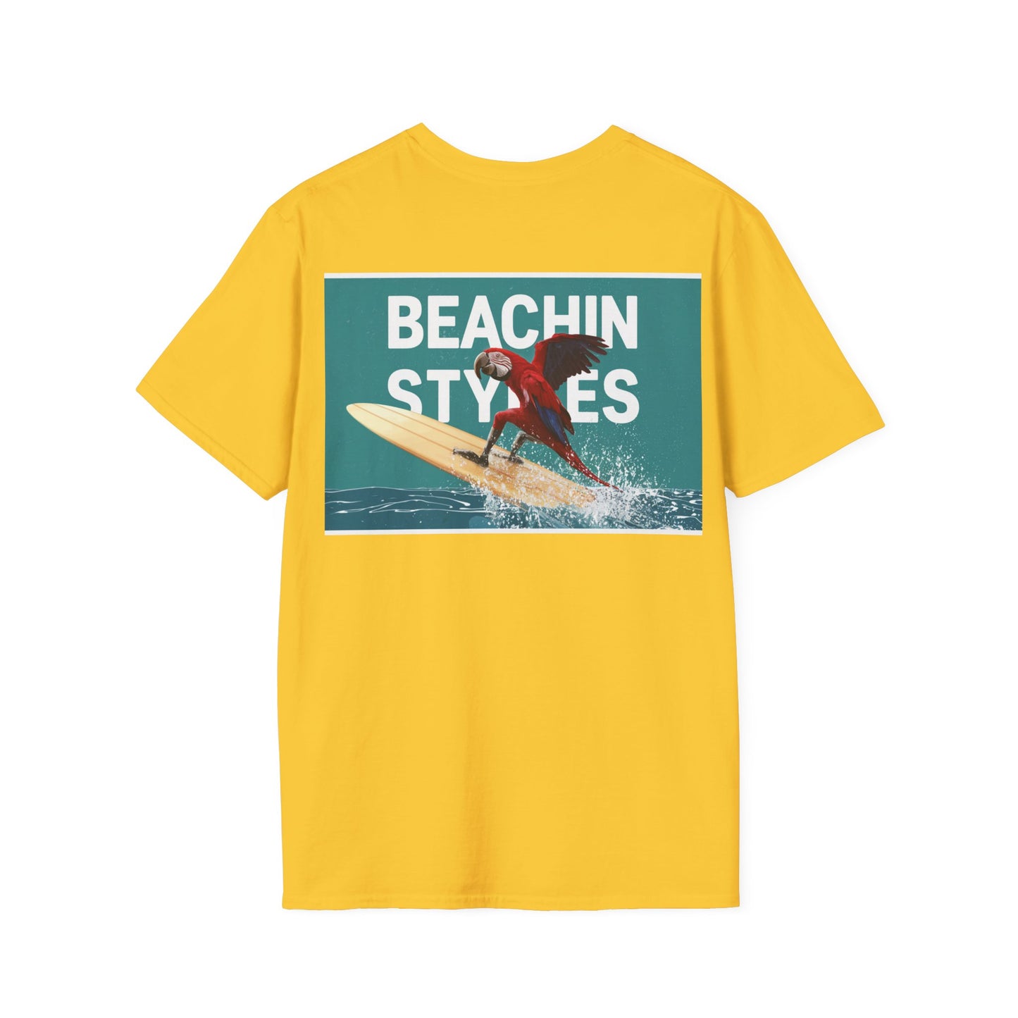 Wave Riding Parrot on Surfboard - Unisex Softstyle T-Shirt