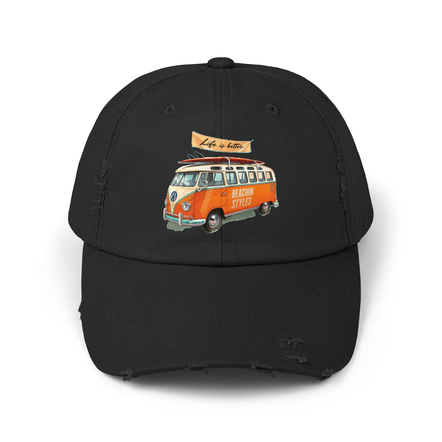 Retro Cap, Retro VW Bus, Life is better retro distressed cap, casual beach hat - Coastal Collections