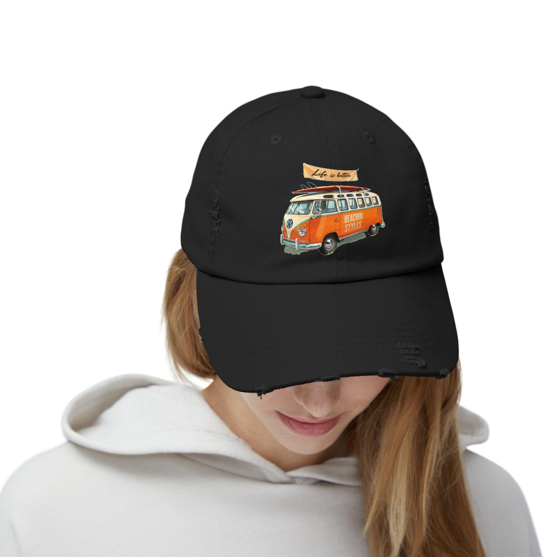 Retro Cap, Retro VW Bus, Life is better retro distressed cap, casual beach hat - Coastal Collections