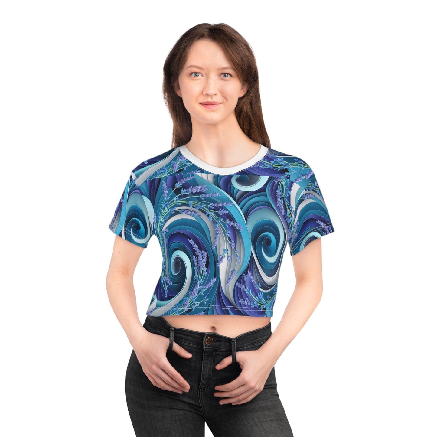 Sea Waves Inspired Lavender Large Repeating Print, Crop Tee (AOP) - Coastal Collections