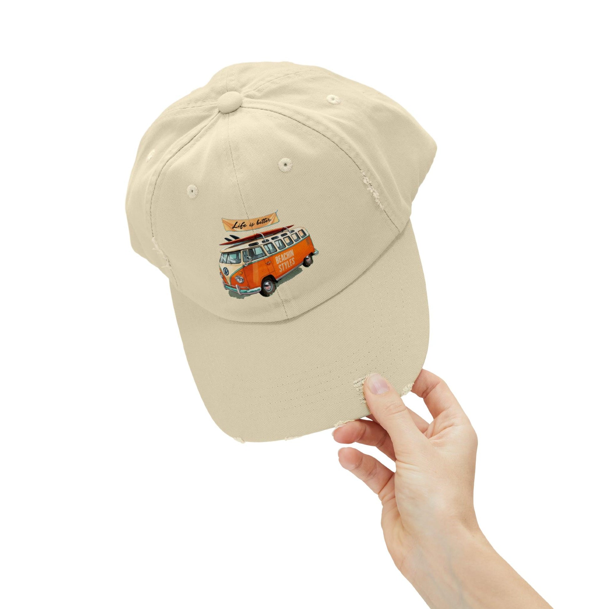 Retro Cap, Retro VW Bus, Life is better retro distressed cap, casual beach hat - Coastal Collections