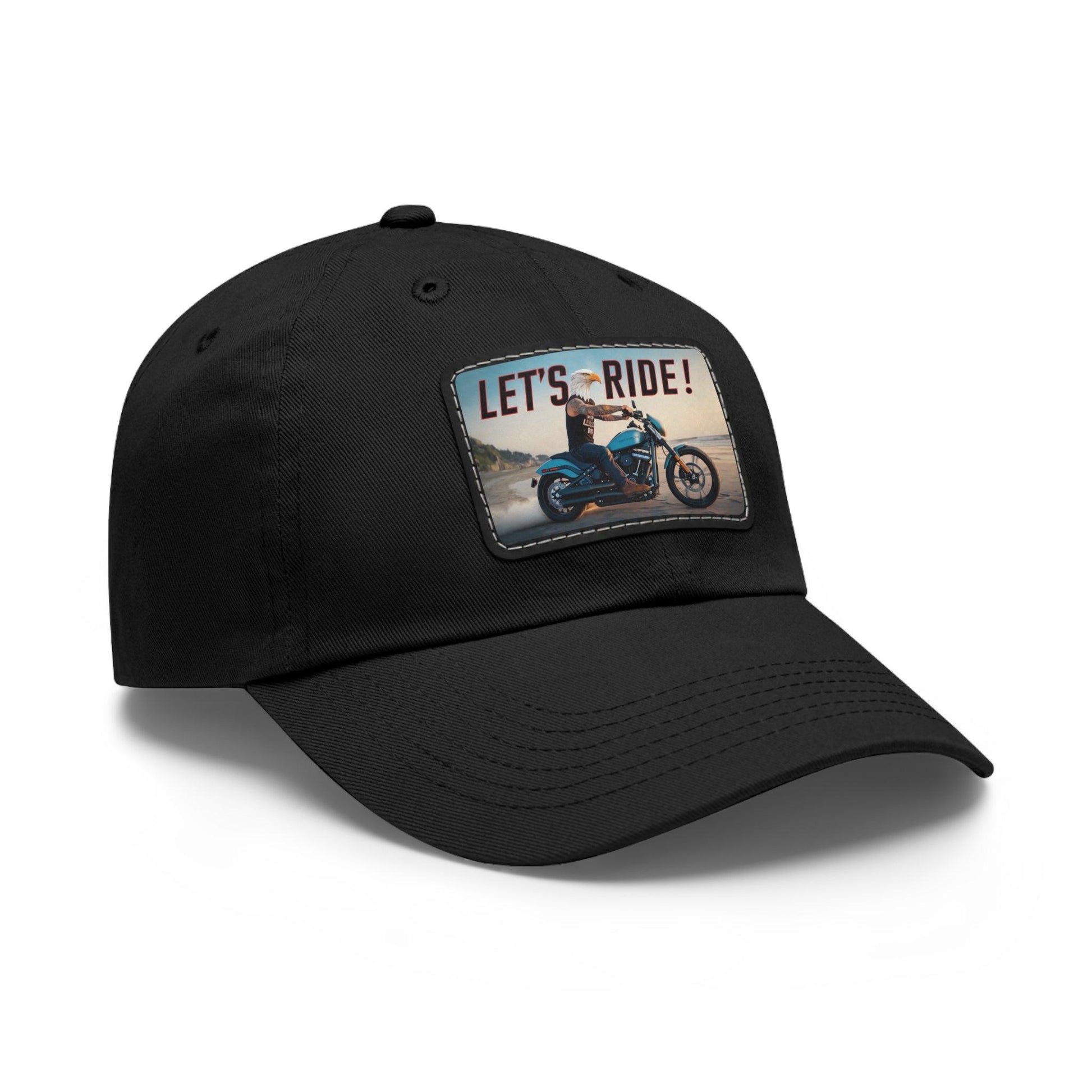 Let's Ride Eagle Man Riding Motorcycle Cap, Dad Hat with Leather Patch (Rectangle) - Coastal Collections