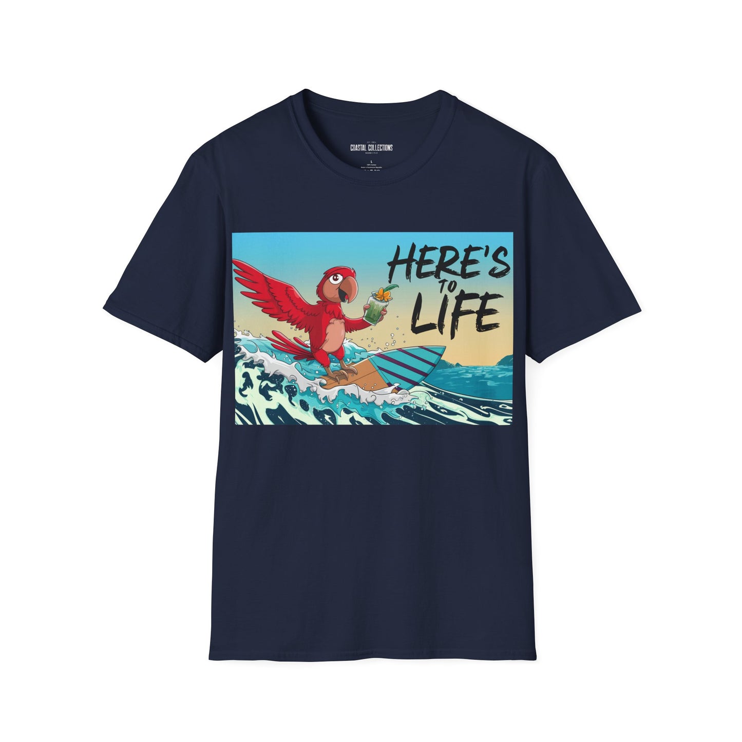 Here's to Life, Red Parrot Surfing - Unisex Softstyle T-Shirt