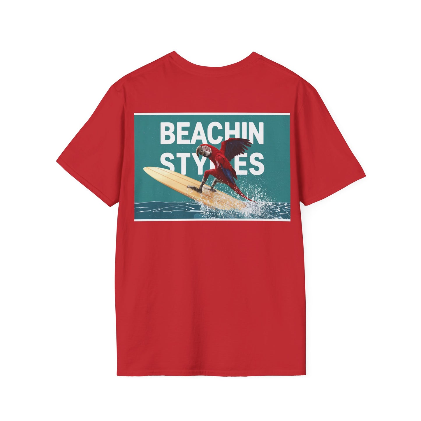 Wave Riding Parrot on Surfboard - Unisex Softstyle T-Shirt