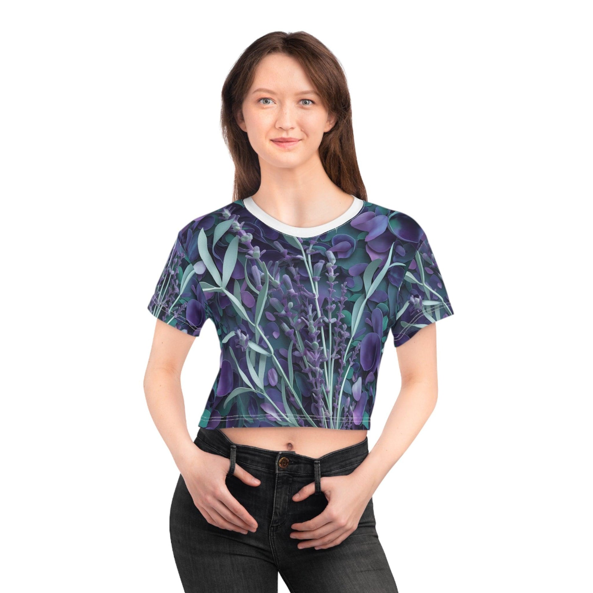 Coastal Inspired Lavender Repeating Large Print v2, Crop Tee (AOP) - Coastal Collections