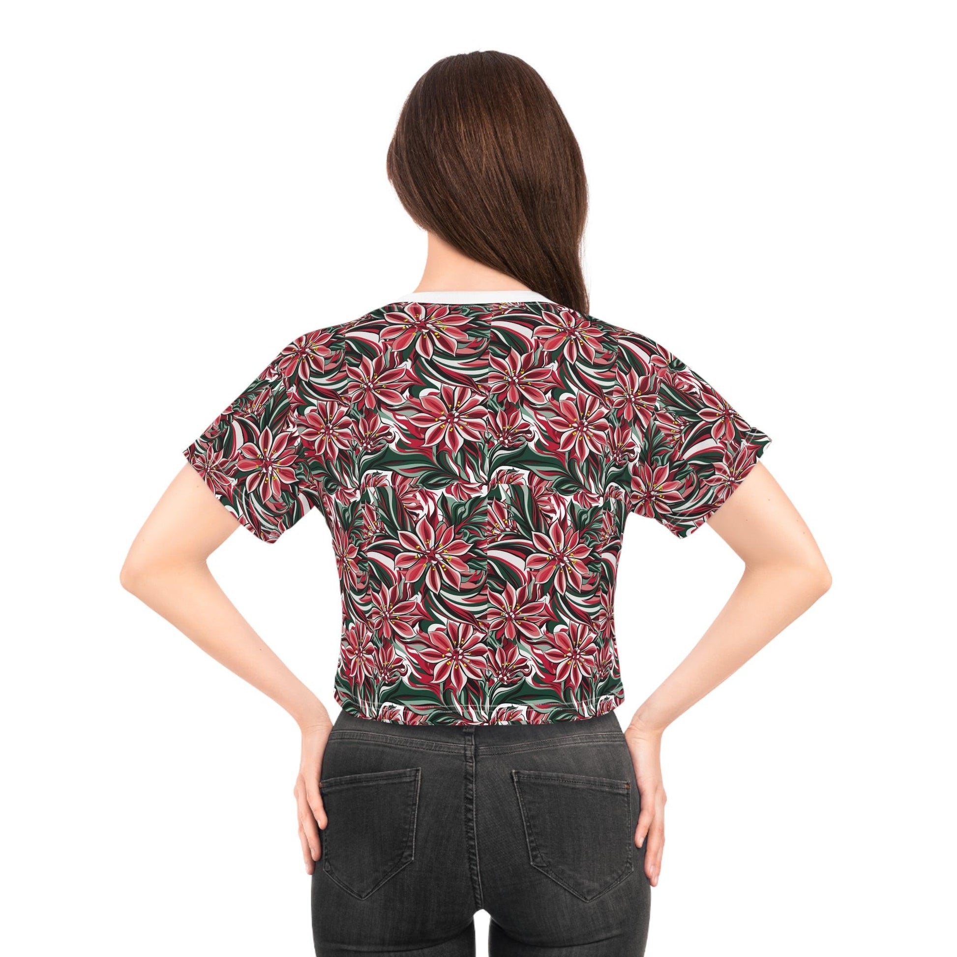 Sea Inspired Red and White Oleander Small Repeating Print Crop Tee (AOP) - Coastal Collections