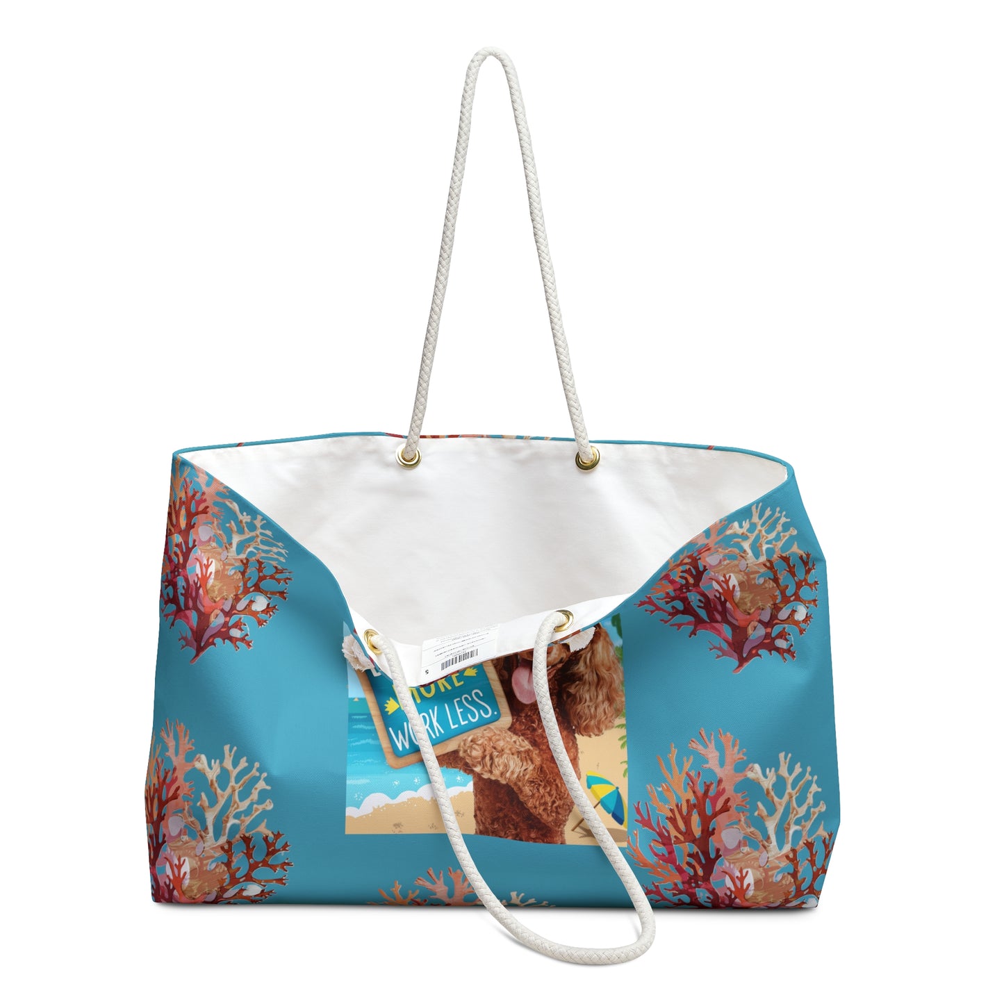 Beachin More Work Less Red Poodle Coral - Beach Bag