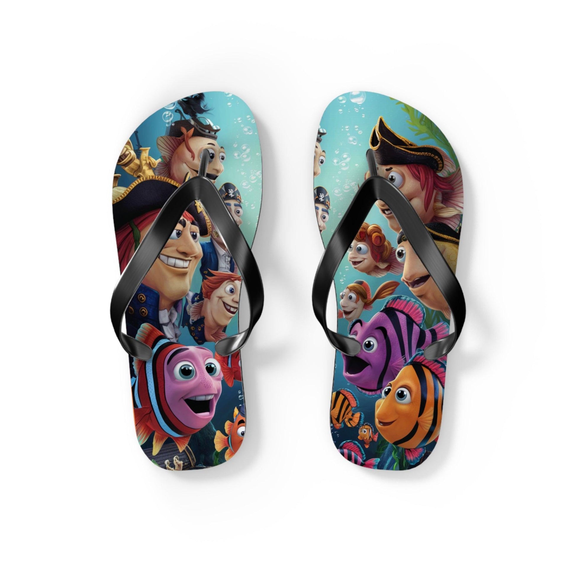 Comical Fish and Pirates Faceoff Inspired Flip Flops, Express Your Beach Loving Self - Coastal Collections