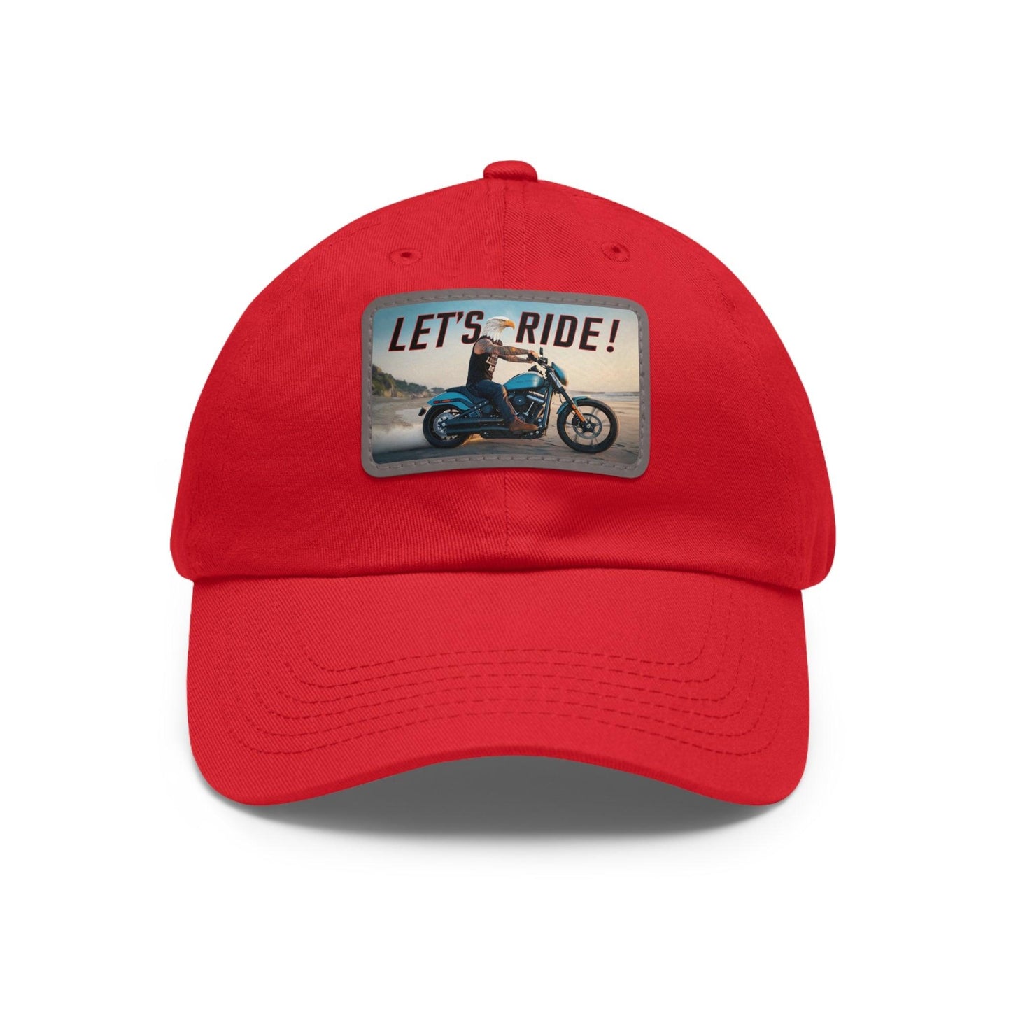 Let's Ride Eagle Man Riding Motorcycle Cap, Dad Hat with Leather Patch (Rectangle) - Coastal Collections