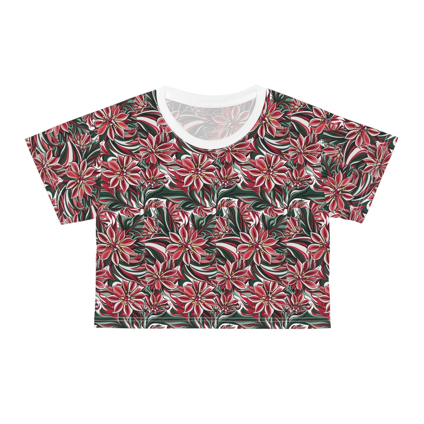 Sea Inspired Red and White Oleander Small Repeating Print Crop Tee (AOP) - Coastal Collections