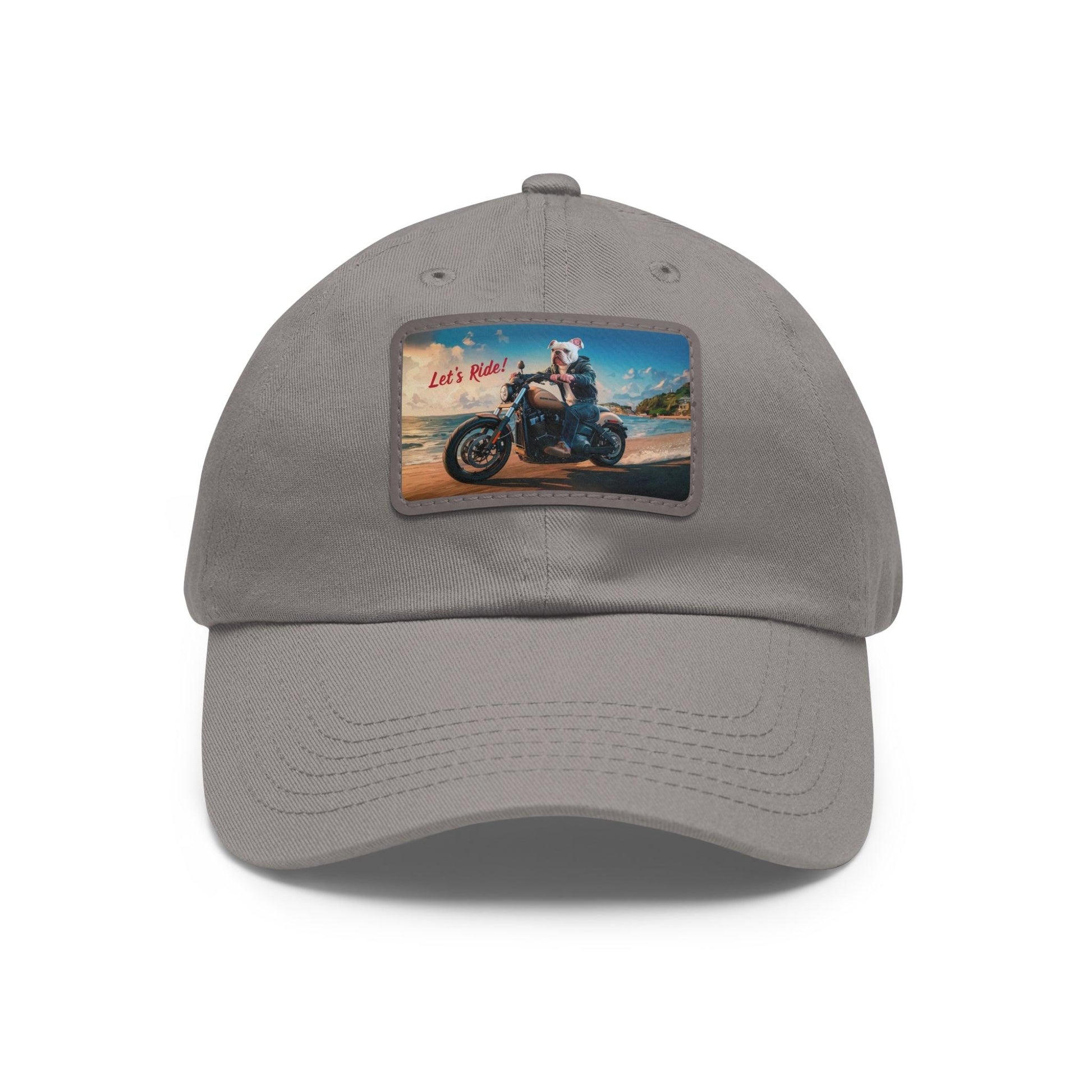 Let's Ride Bulldog Riding Motorcycle Cap, Dad Hat with Leather Patch (Rectangle) - Coastal Collections