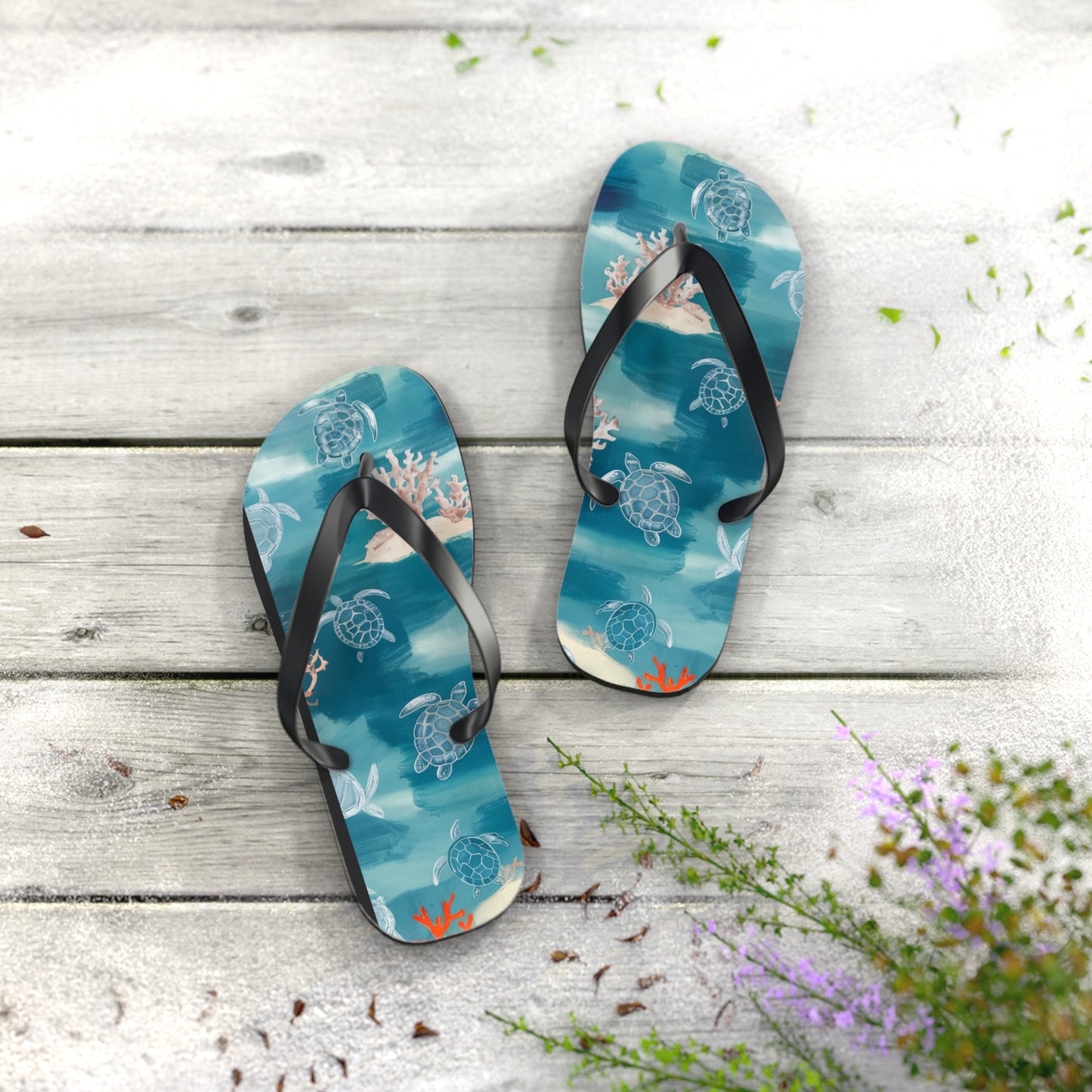 Sea Turtle and Coral Abstract Beach - Flip Flops, Sandals