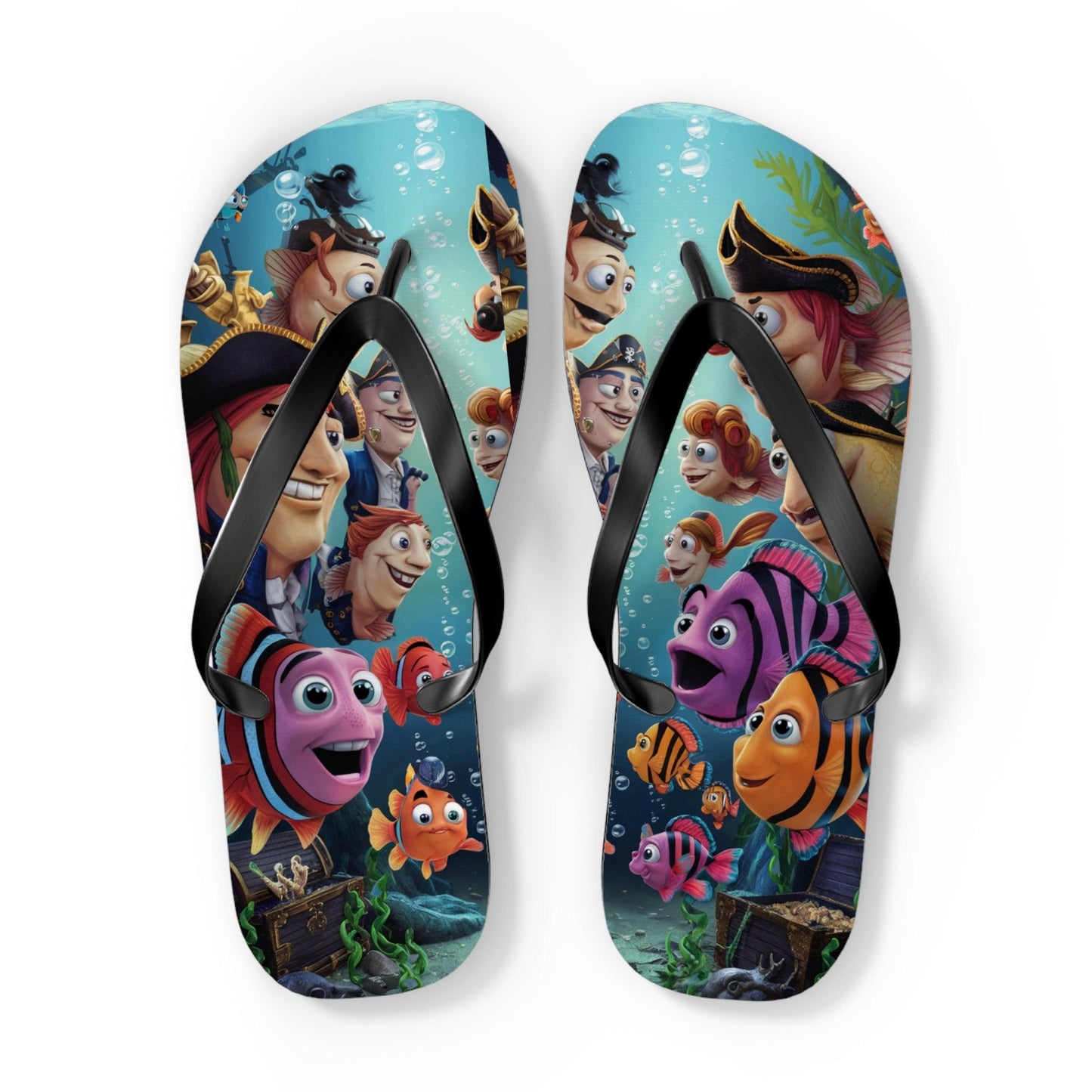 Comical Fish and Pirates Faceoff Inspired Flip Flops, Express Your Beach Loving Self - Coastal Collections